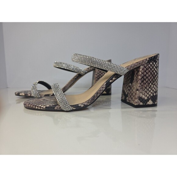 VINCE CAMUTO 8.5 Magaly Sandal Snakeskin Block Heels Rhinestone Double Strap NWT - Picture 2 of 8